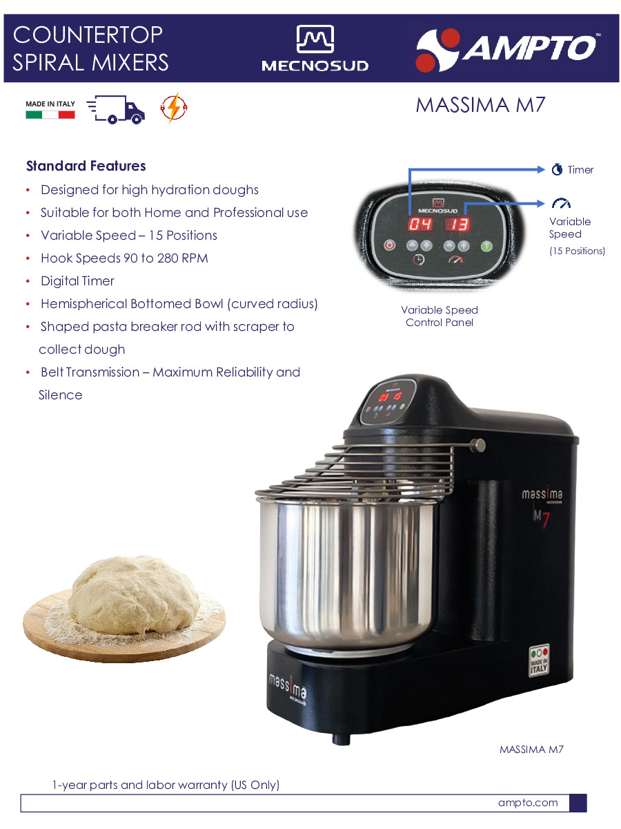AMPTO MASSIMA M7 Countertop Spiral Mixer with 10,5-QT, 15.4 lbs Dough Capacity, 1/2 Hp