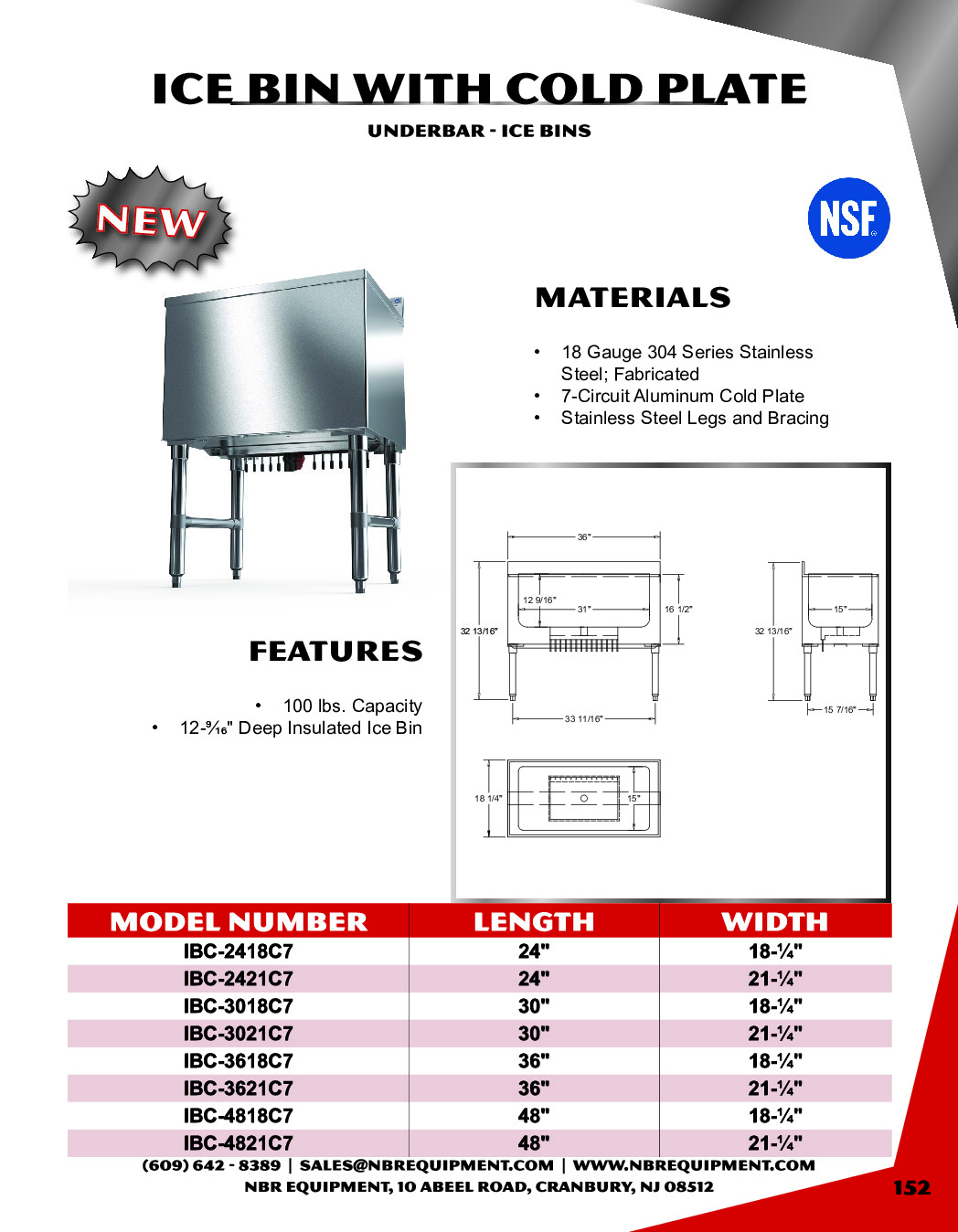 NBR Equipment IBC-3618C7 Stainless Steel Insulated Underbar Ice Bin w/ 7 Circuit Cold Plate