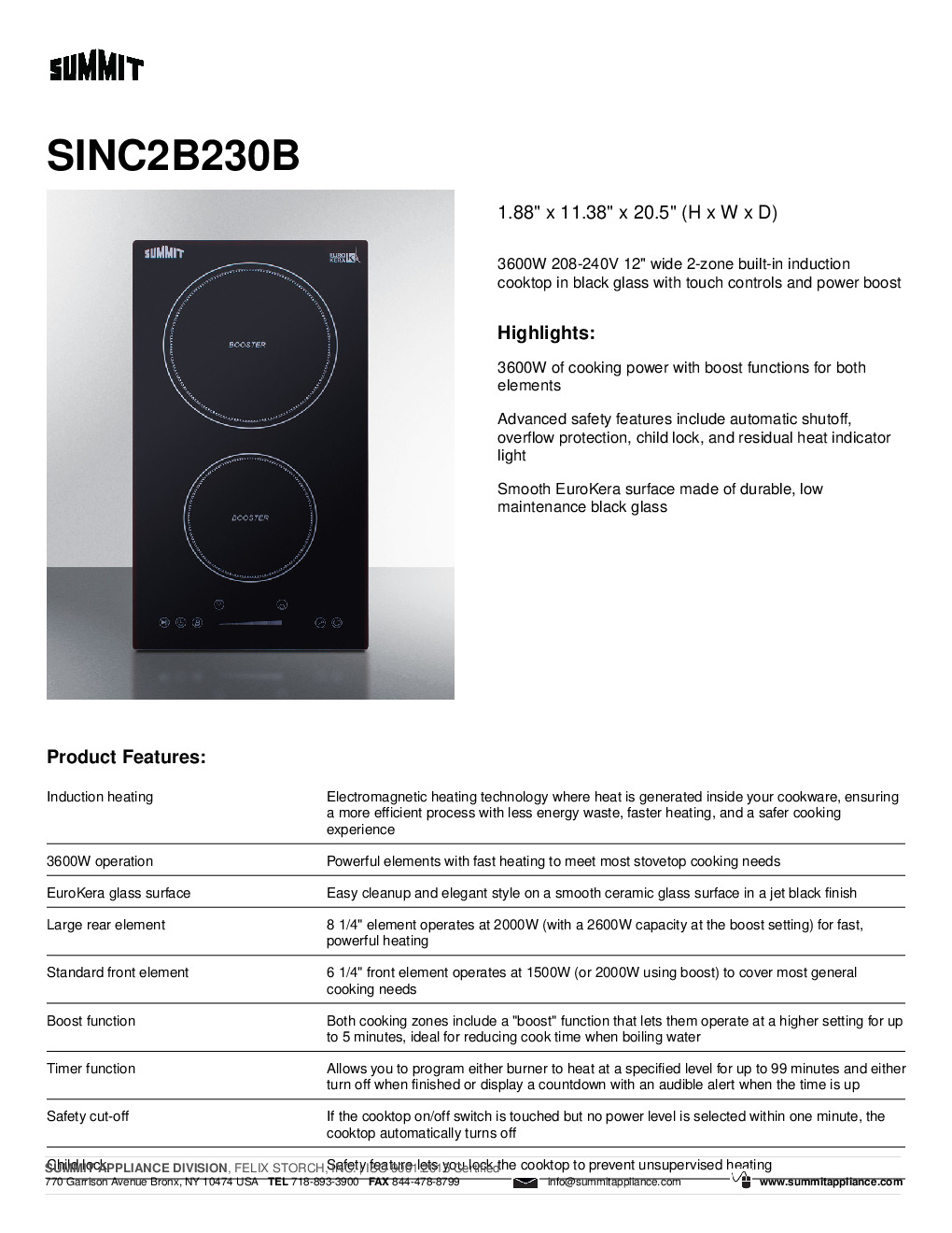 Summit SINC2B230B Built-In / Drop-In Induction Range