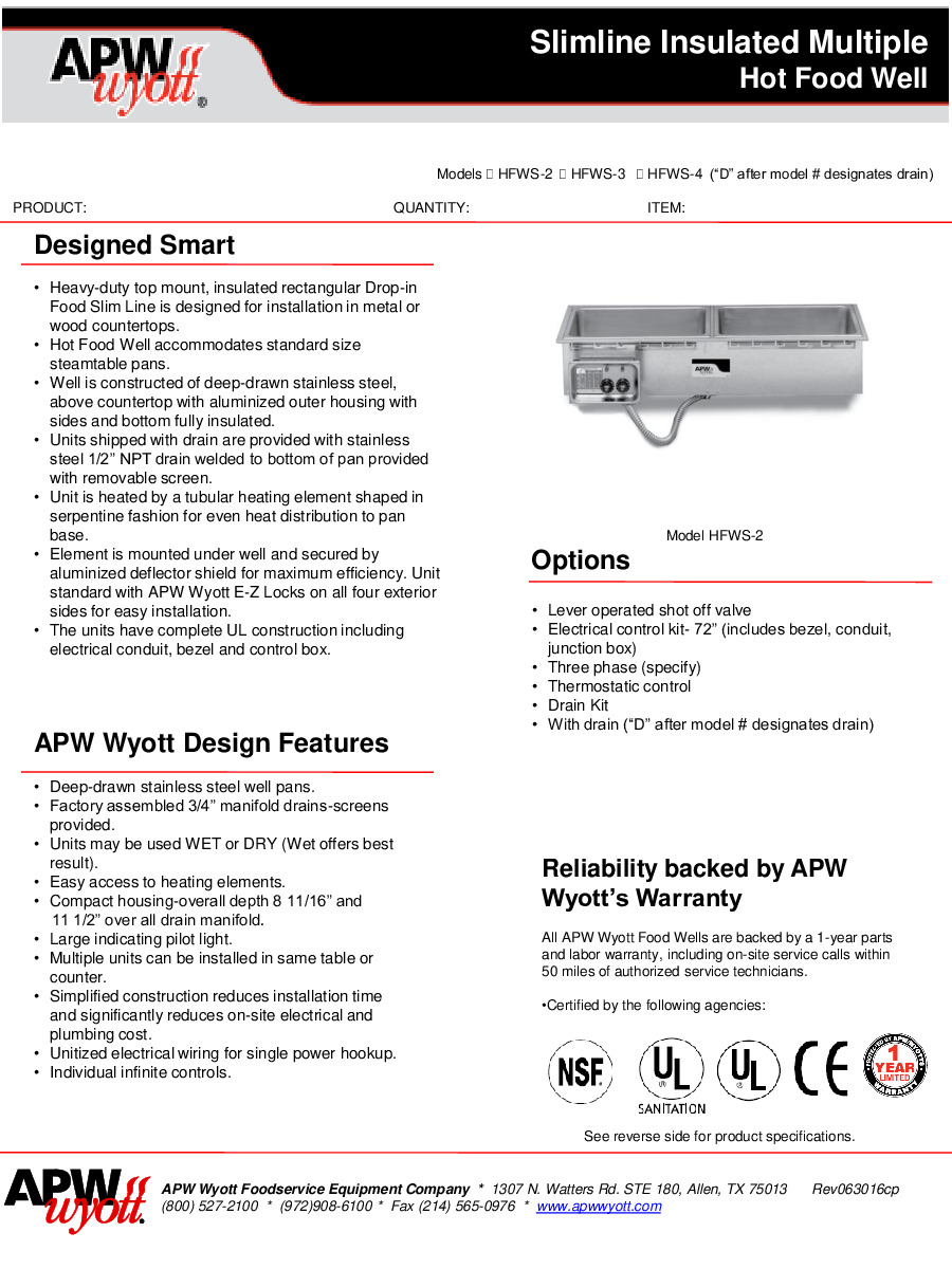 APW Wyott HFWS-4 Electric Drop-In Hot Food Well Unit