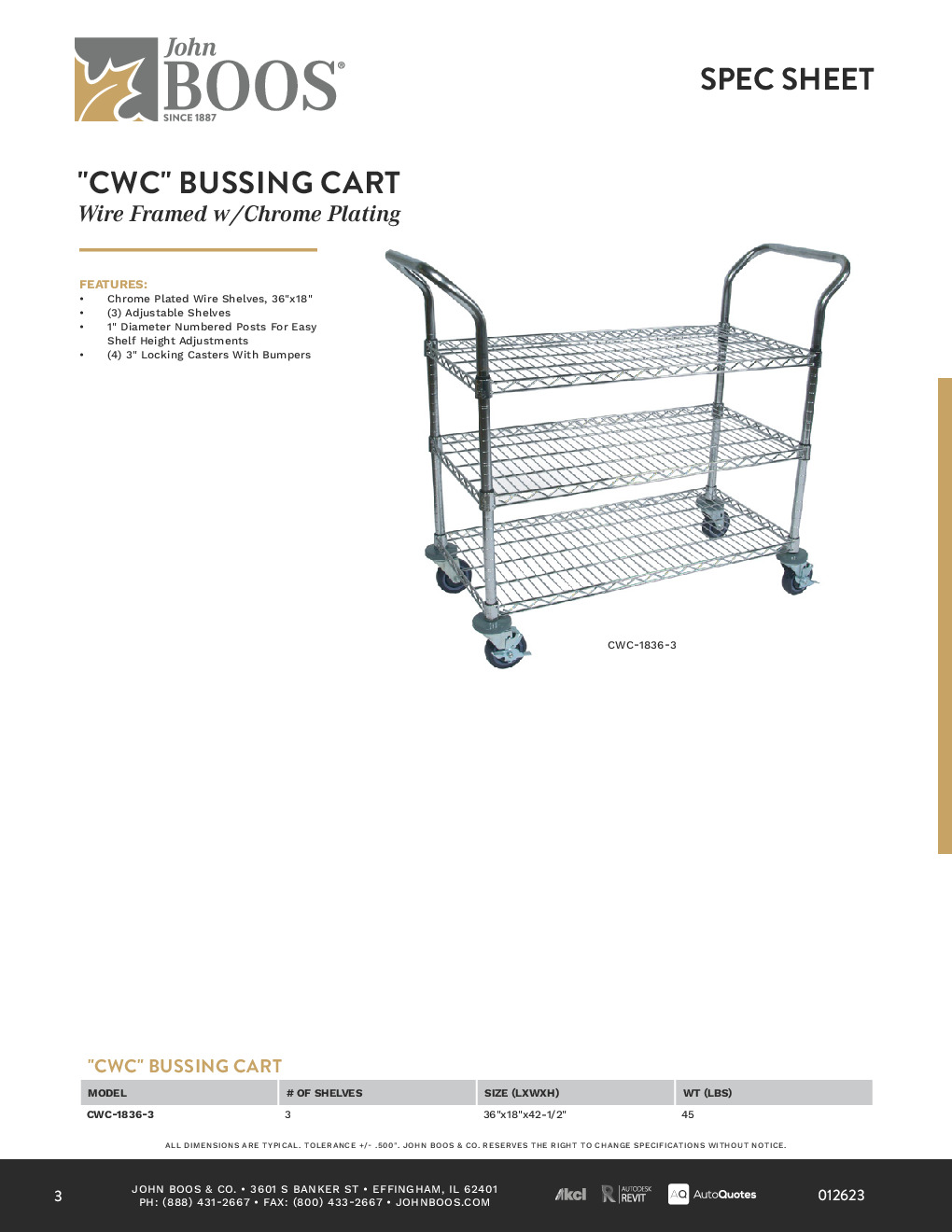 John Boos CWC-1836-3 Metal Wire Bussing Utility Transport Cart