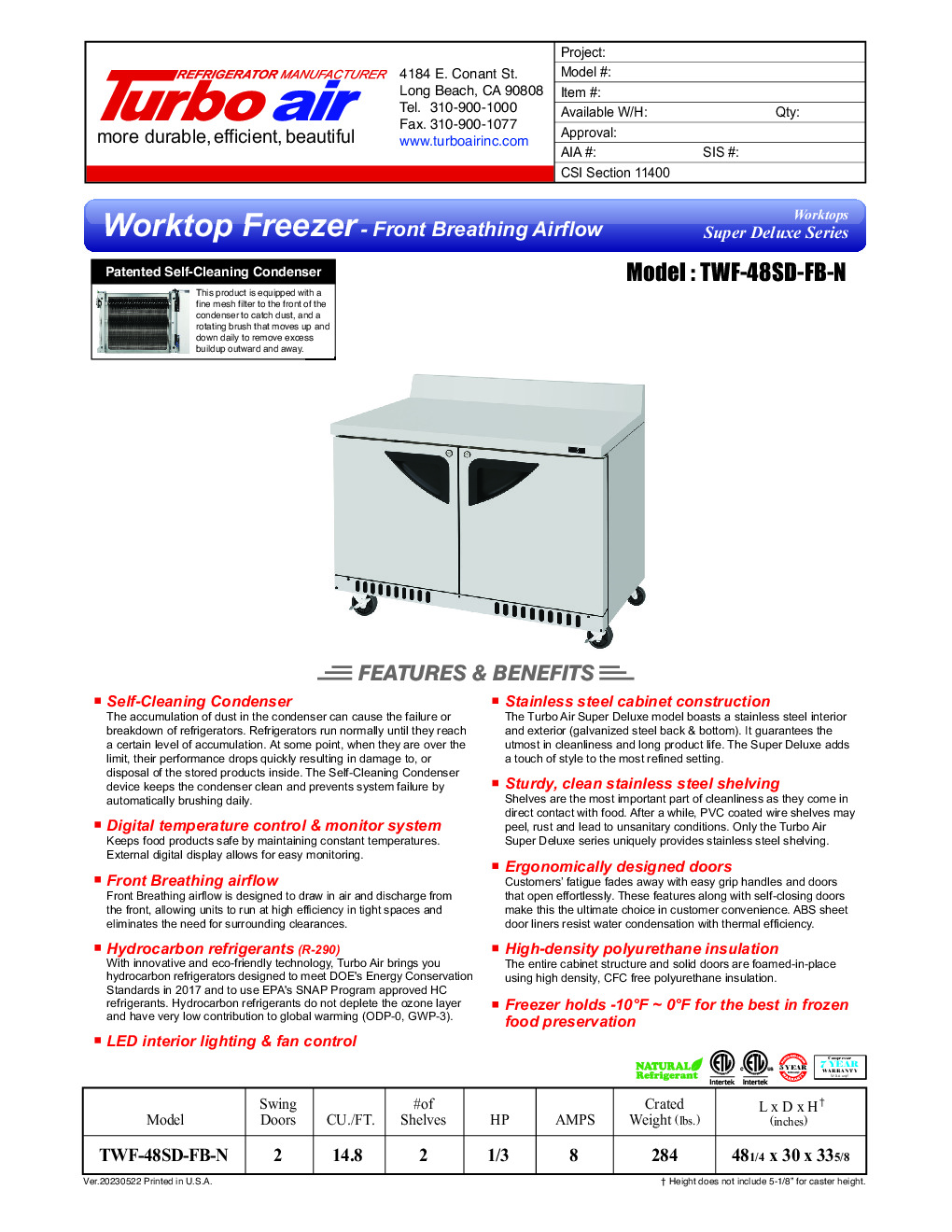 Turbo Air TWF-48SD-FB-N Work Top Freezer Counter