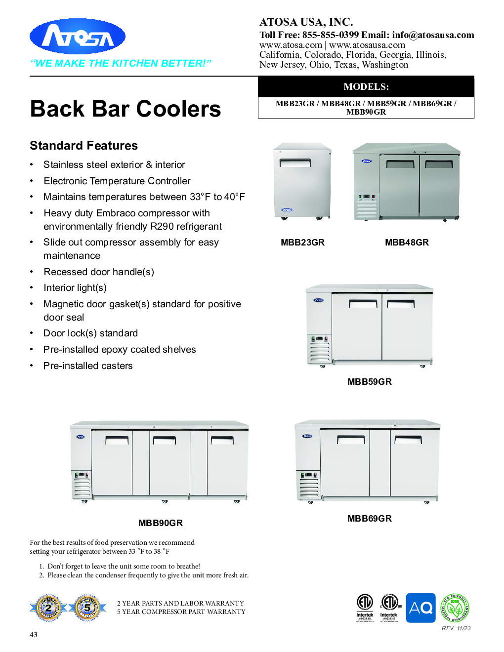 Atosa USA MBB23GR Refrigerated Back Bar Cabinet