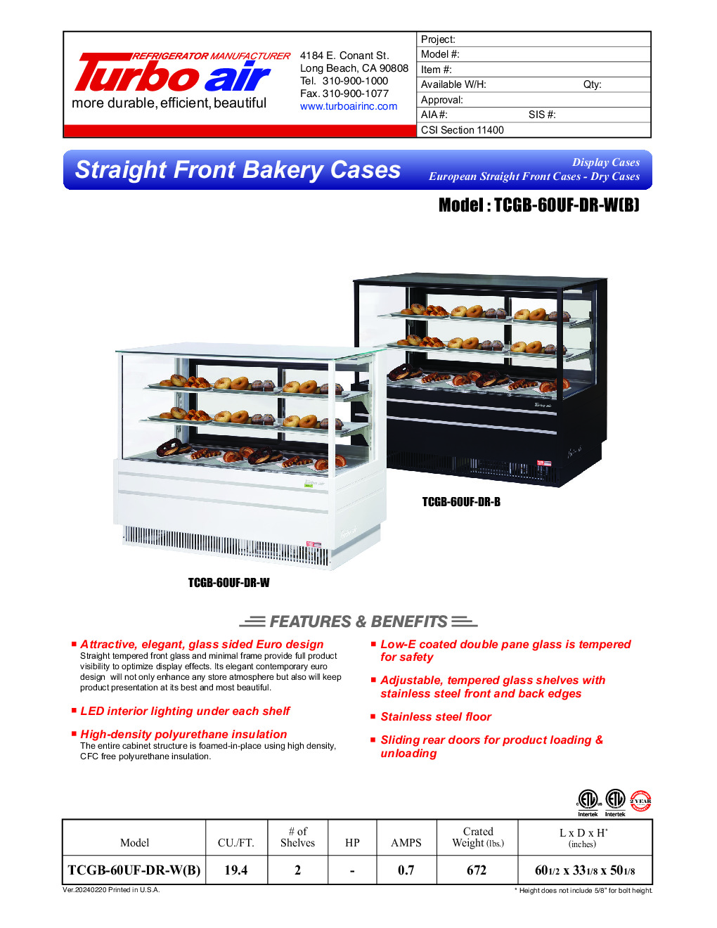 Turbo Air TCGB-60UF-DR-W(B) Non-Refrigerated Bakery Display Case