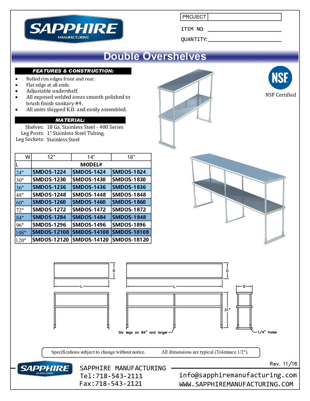 Sapphire Manufacturing SMDOS-12120 Table-Mounted Overshelf