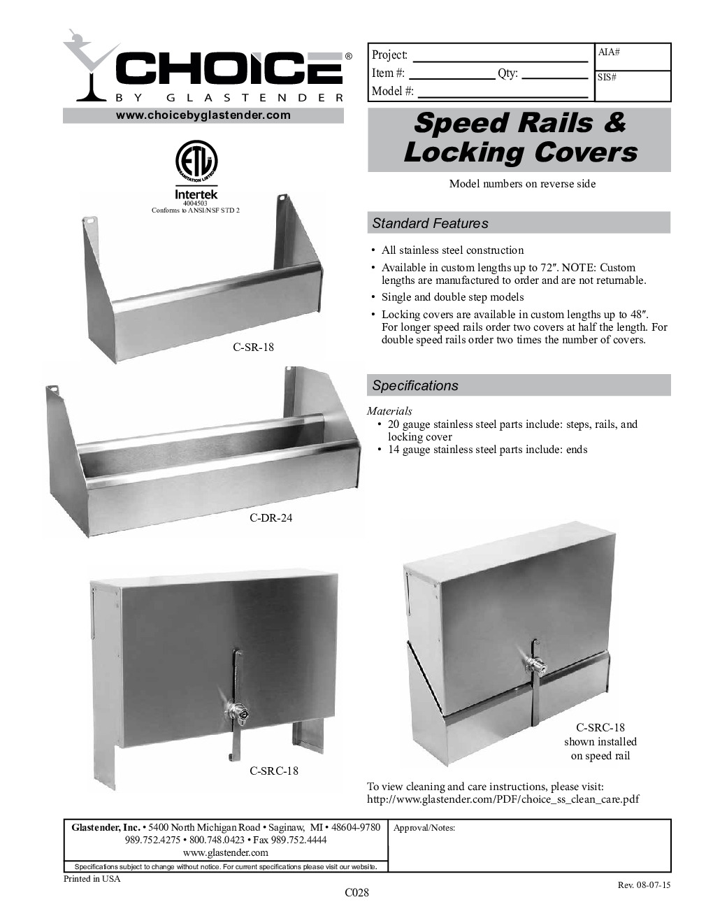Glastender C-DR-65 Speed Rail / Rack
