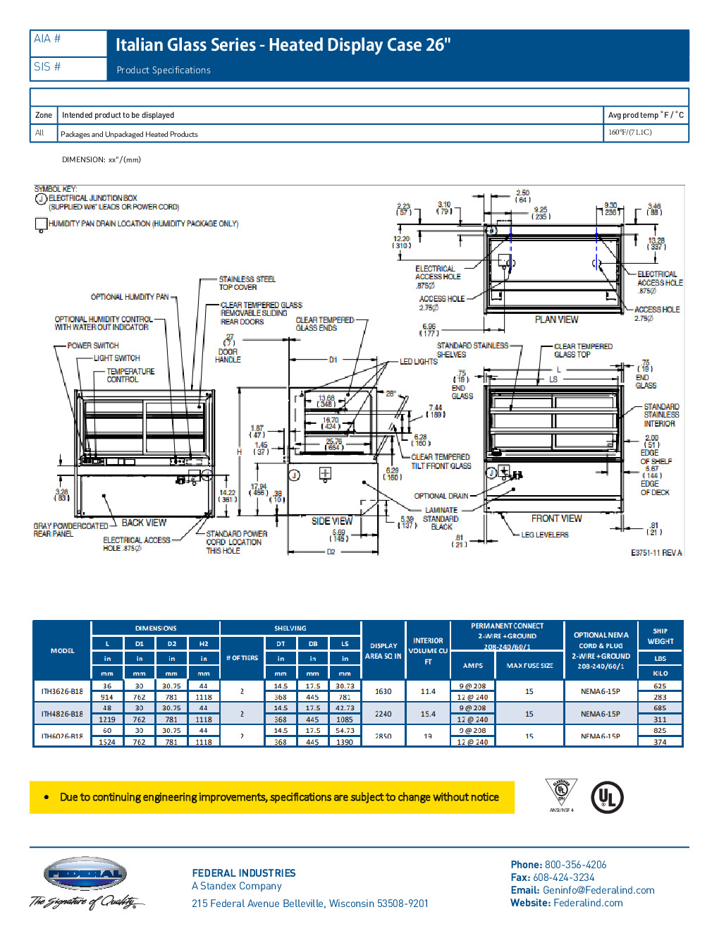 Federal Industries ITH3626-B18 Floor Model Heated Display Case