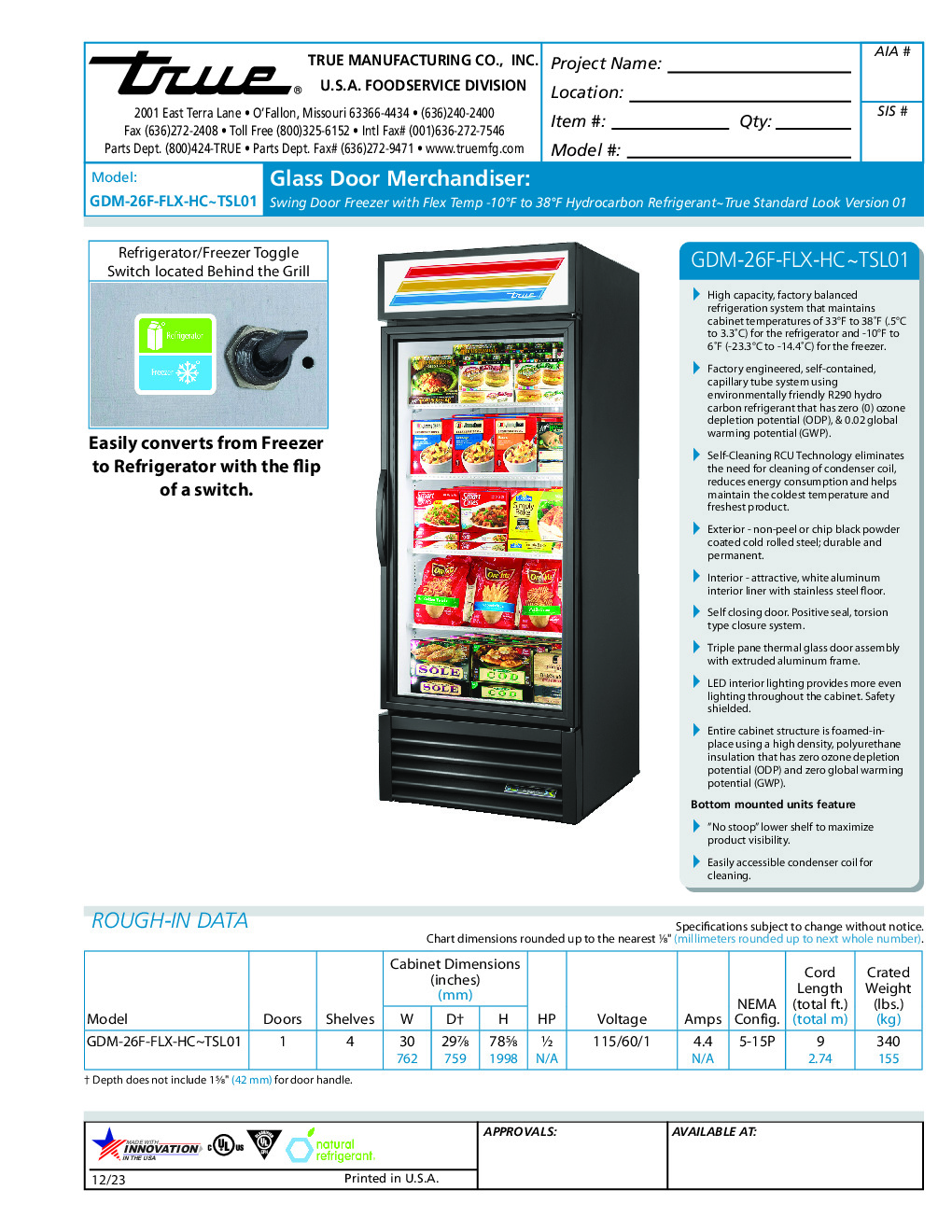 True GDM-26F-FLX-HC~TSL01 Convertible Refrigerator Freezer