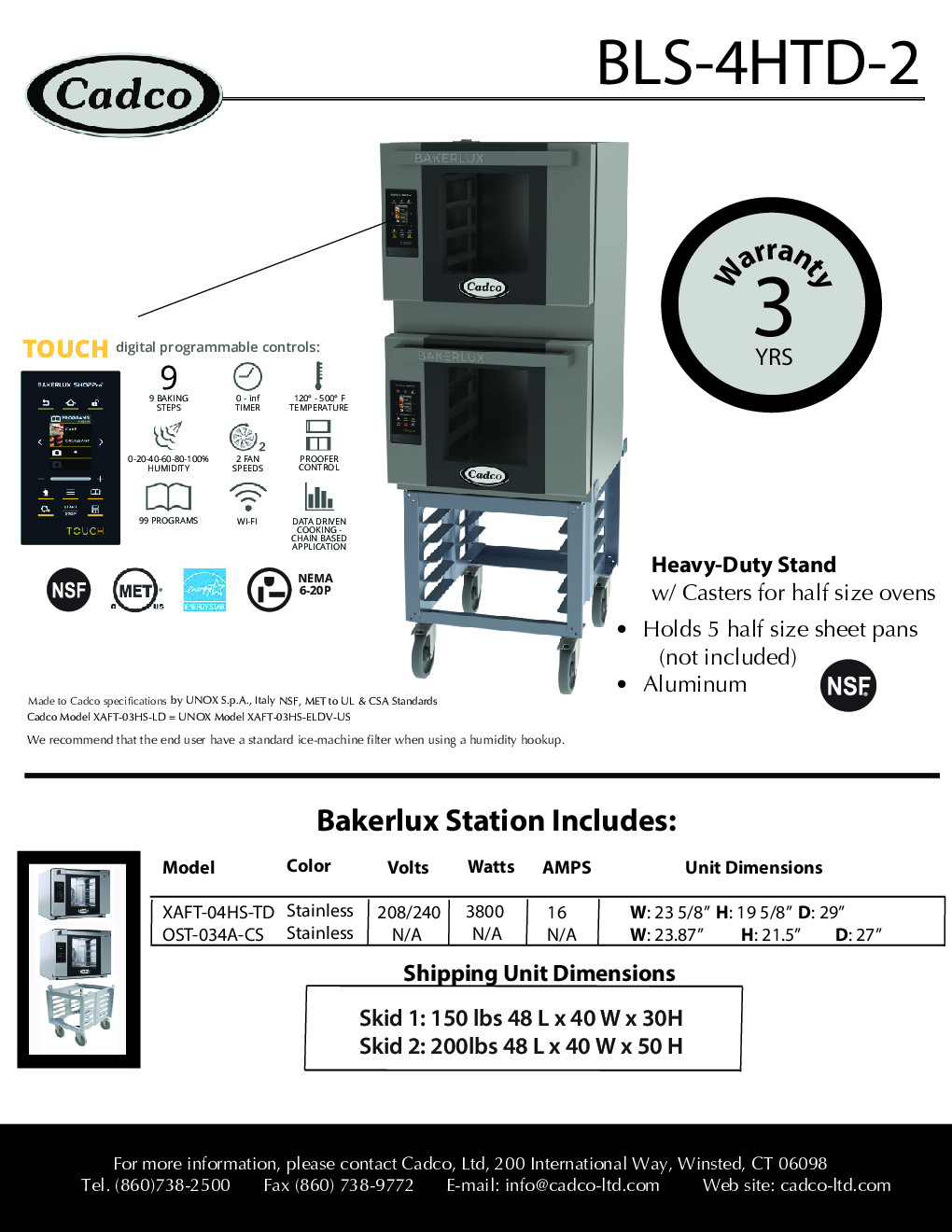 Cadco BLS-4HTD-2 Double-Deck Electric Convection Oven w/ Digital Touch Controls, Half-Size