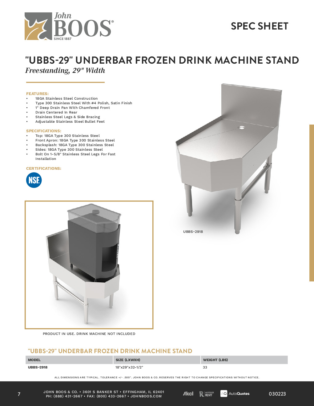 John Boos UBBS-2918 Underbar Frozen Drink Machine Stand