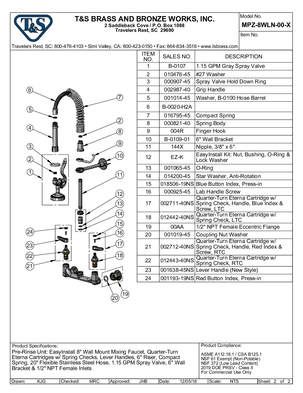 T&S Brass MPZ-8WLN-00-X Mini Pre-Rinse Faucet Assembly