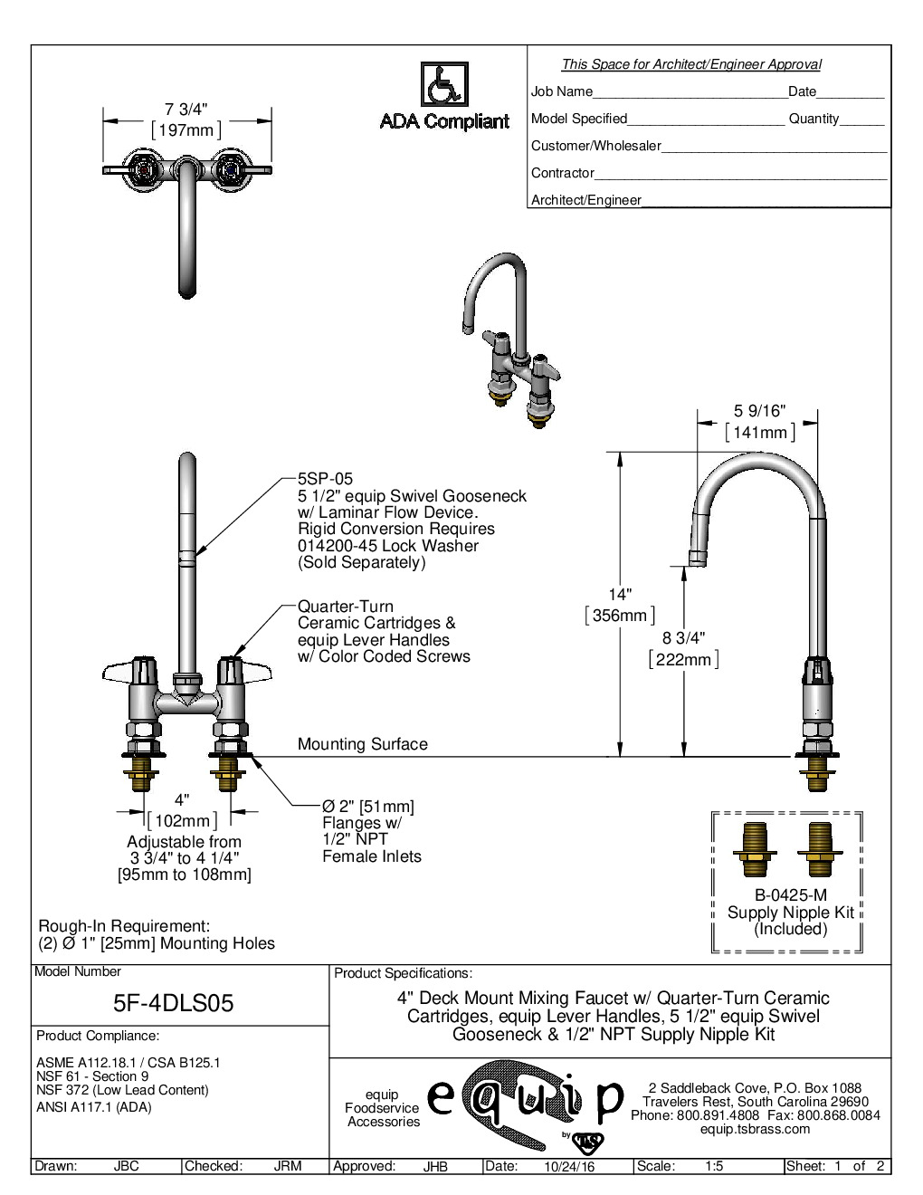 T&S Brass 5F-4DLS05 Deck Mount Faucet