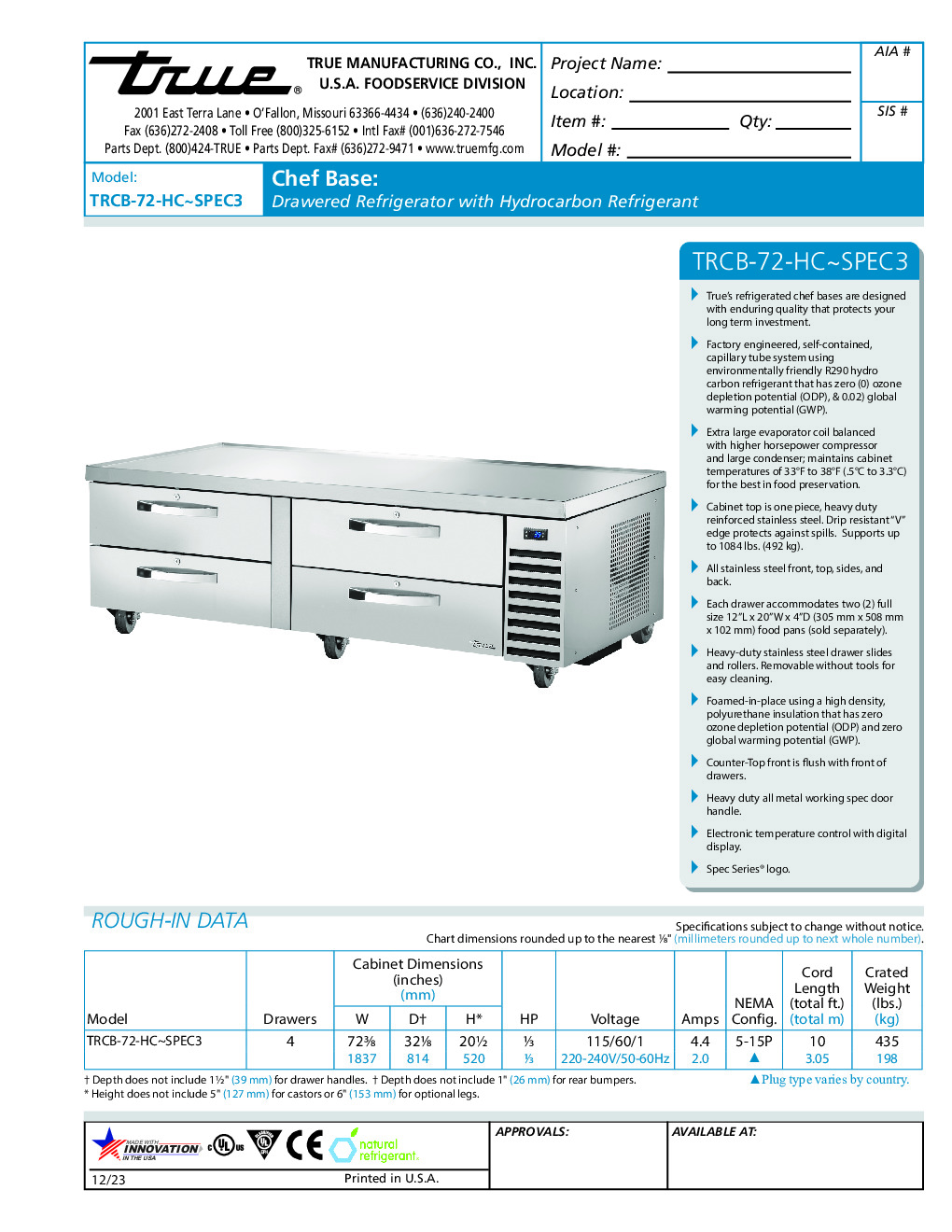 True TRCB-72-HC~SPEC3 Refrigerated Base Equipment Stand