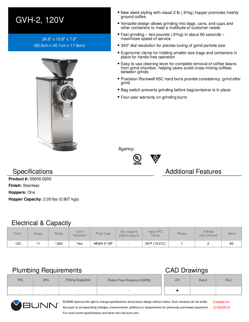 Bunn GVH GVH-1 Coffee Grinder With Visual Hopper