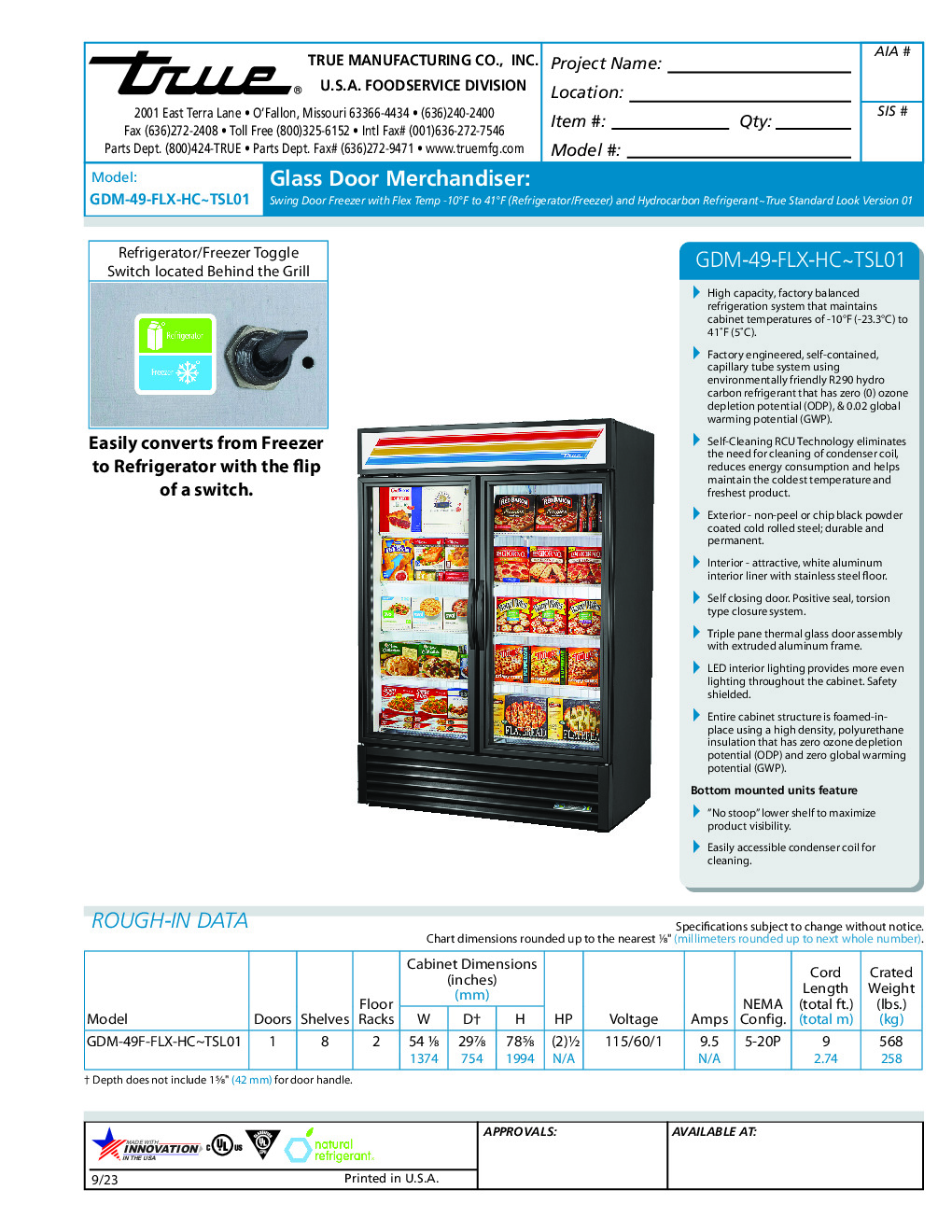 True GDM-49F-FLX-HC~TSL01 Convertible Refrigerator Freezer