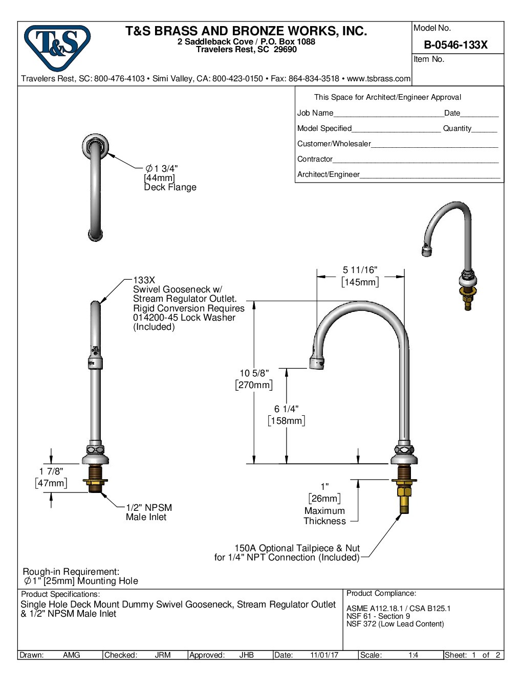 T&S Brass B-0546-133X Spout / Nozzle Faucet