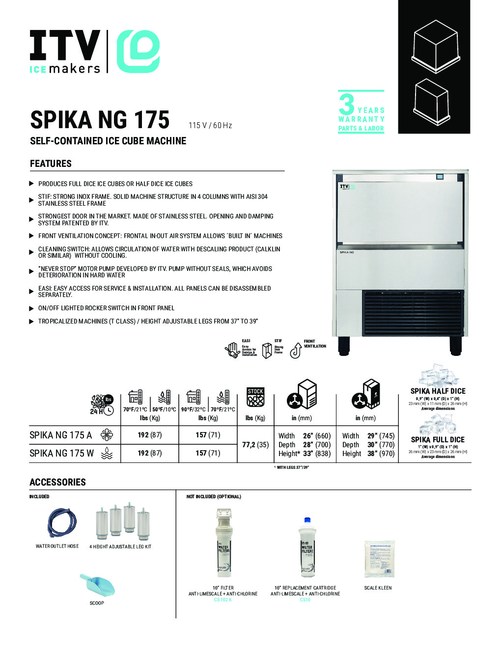 ITV SPIKA NG 175 Ice Maker with Bin, 77.2 lbs, Adjustable Cubes, 192 lbs/Day