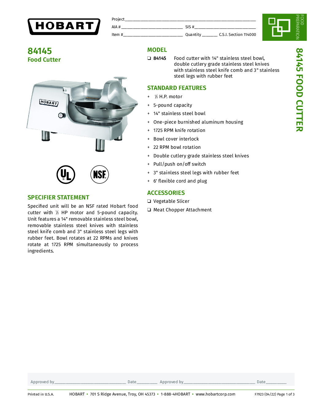 Hobart 84145-2 Electric Food Cutter without Hub, 14
