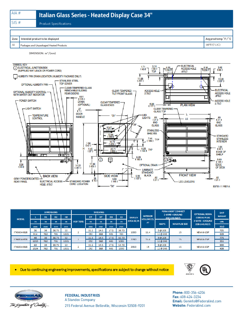 Federal Industries ITH3634-B18 Floor Model Heated Display Case