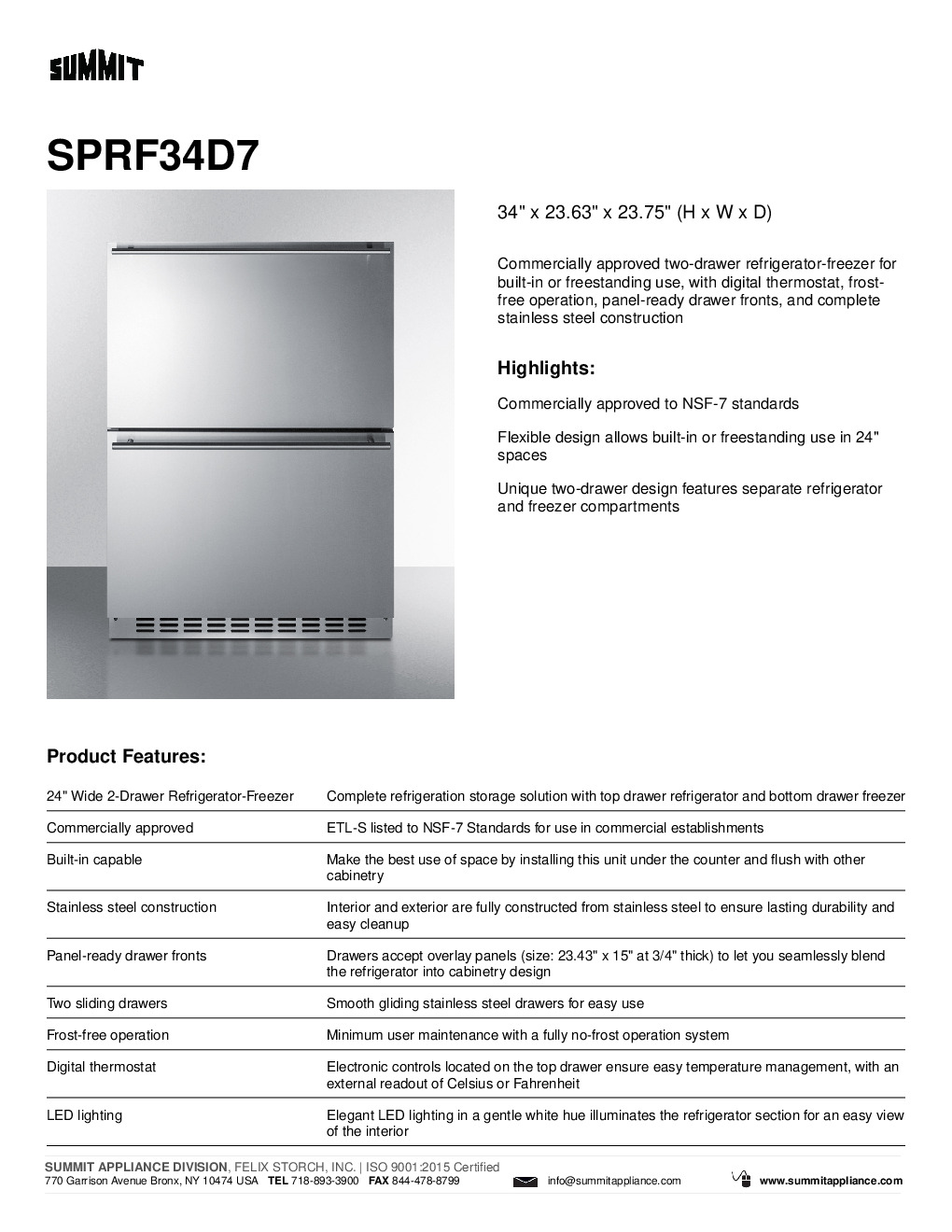 Summit SPRF34D7 Reach-In Undercounter Refrigerator Freezer