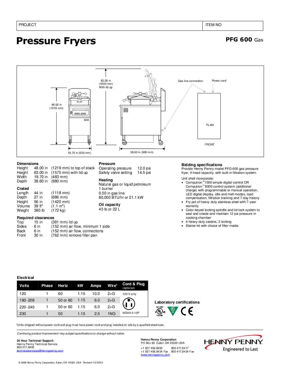 Henny Penny PFG600.19 Gas Pressure Fryer w/ 43-lb Oil Capacity, Rectangular Frypot, 12 PSI