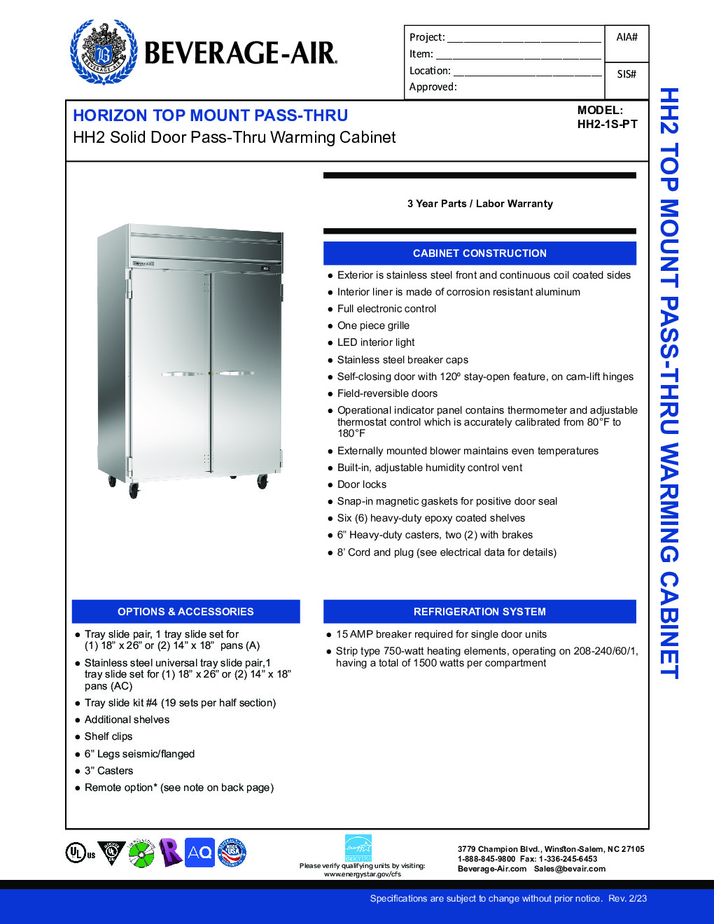 Beverage Air HH2-1S-PT Pass-Thru Heated Cabinet