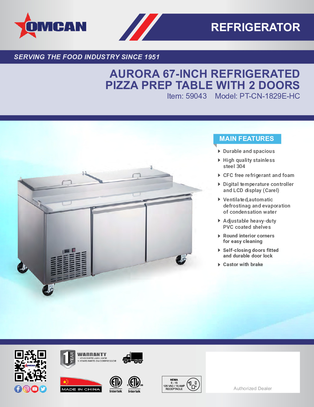 Omcan USA 59043 Pizza Prep Table Refrigerated Counter