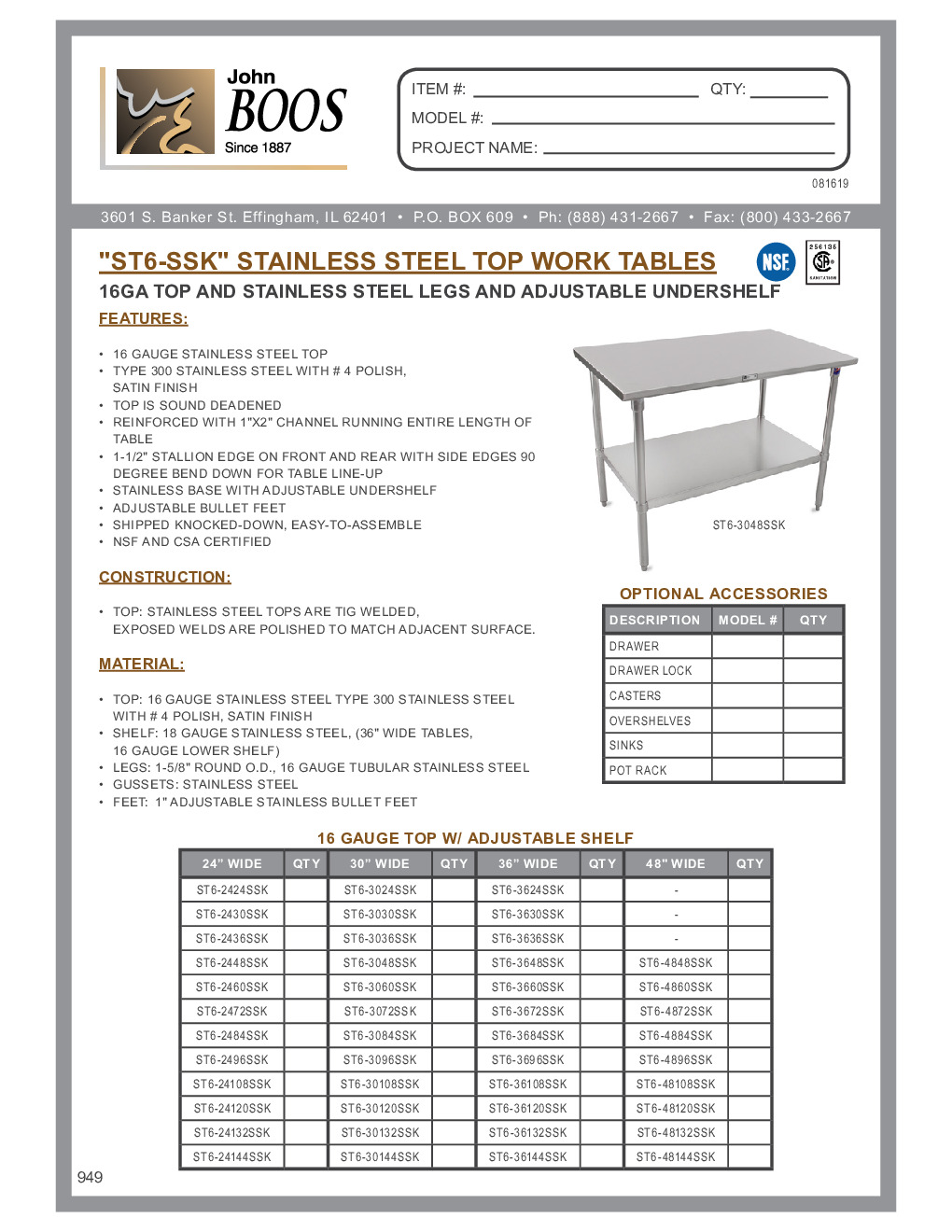 16GA Stainless Steel Flat Top Work Table, 24 Wide, Stainless Steel Legs &  Undershelf, (ST6-SSK)