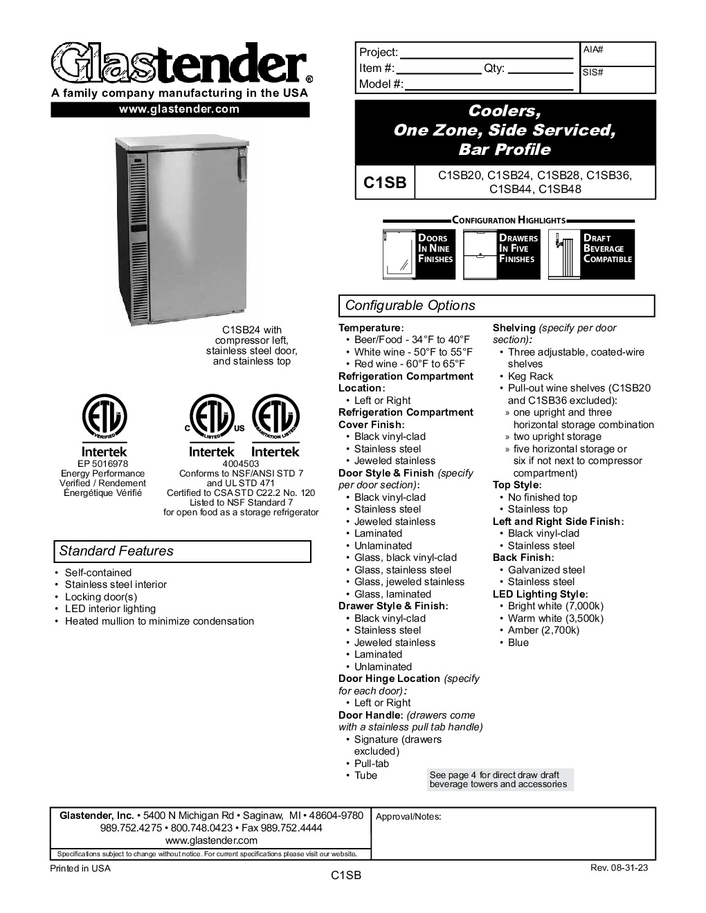 Glastender C1SB20 Refrigerated Back Bar Cabinet w/ 1-Section, 12