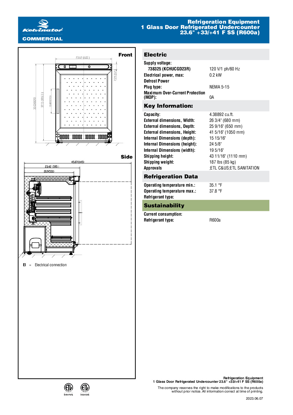 Kelvinator KCHUC5GRADA Reach-In Undercounter Refrigerator