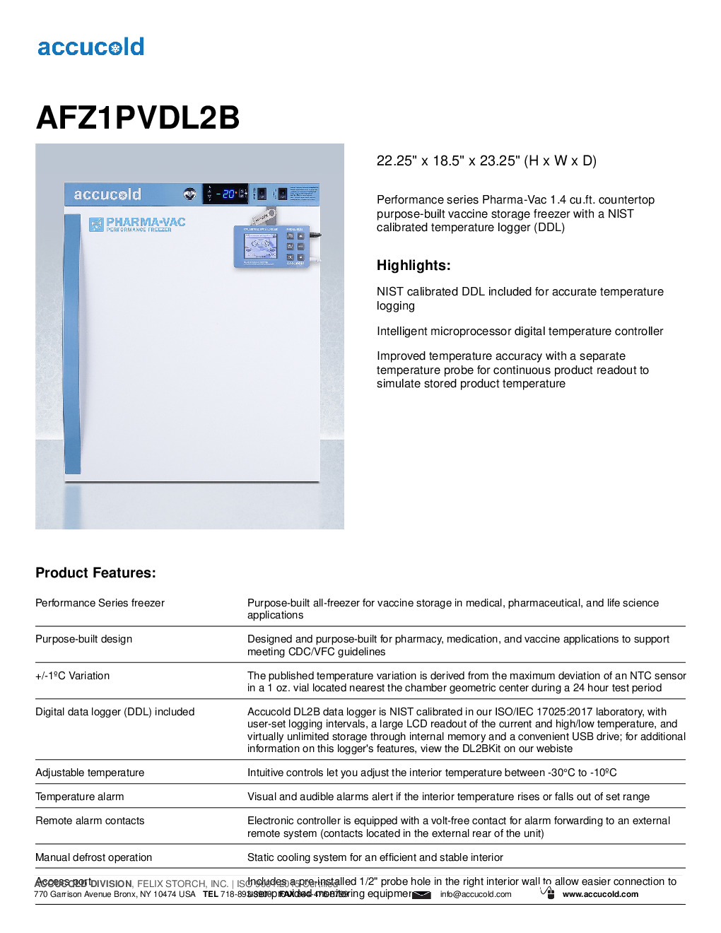 Accucold AFZ1PVDL2B Medical Freezer
