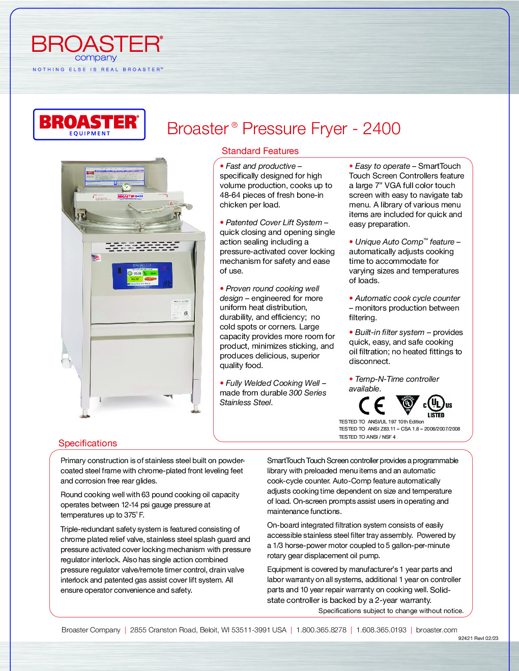 Broaster 86018 2400 Series Electric Pressure Fryer w/ SmartTouch Controller, Built-in Filter at Chef's Deal