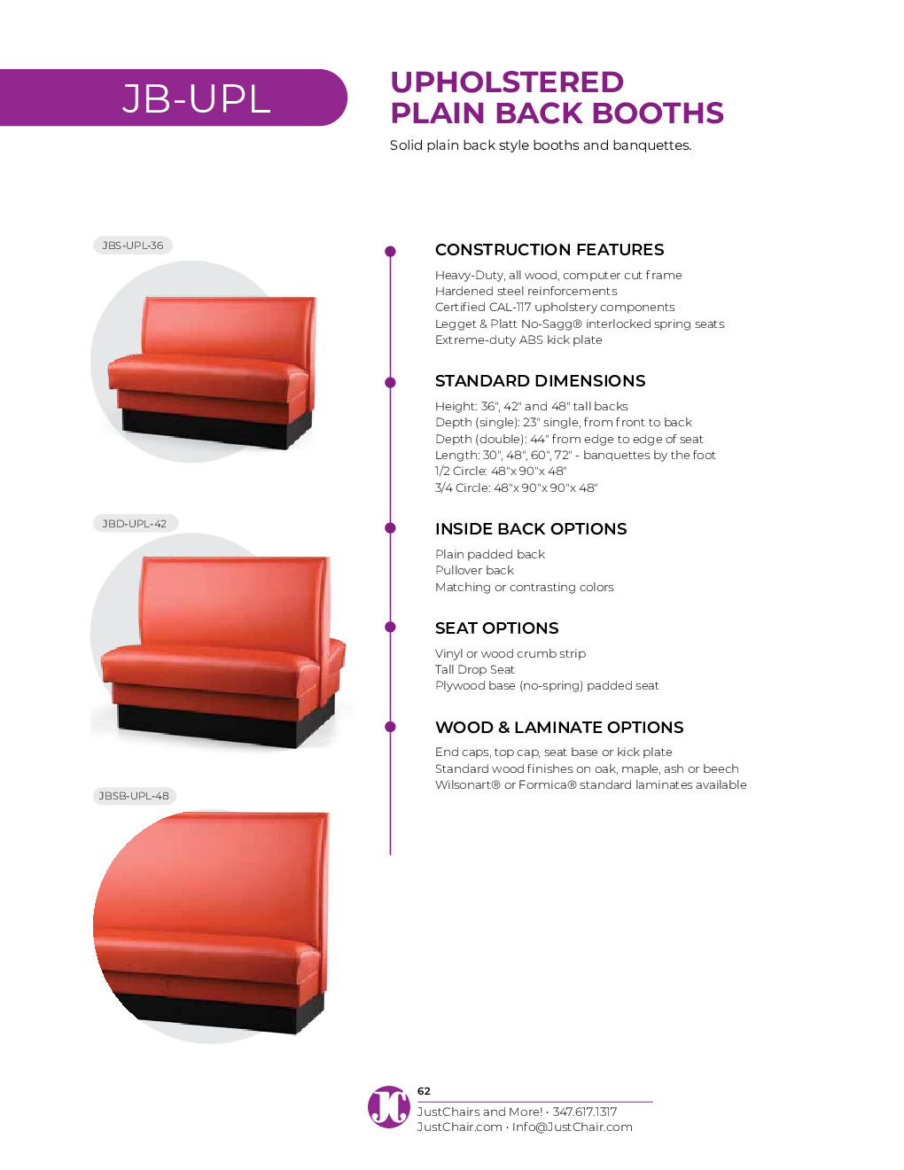 JustChair JBS-UPL-42-GR1/COM Custom Booth, Single Plain Back, Upholstered Seat, 42