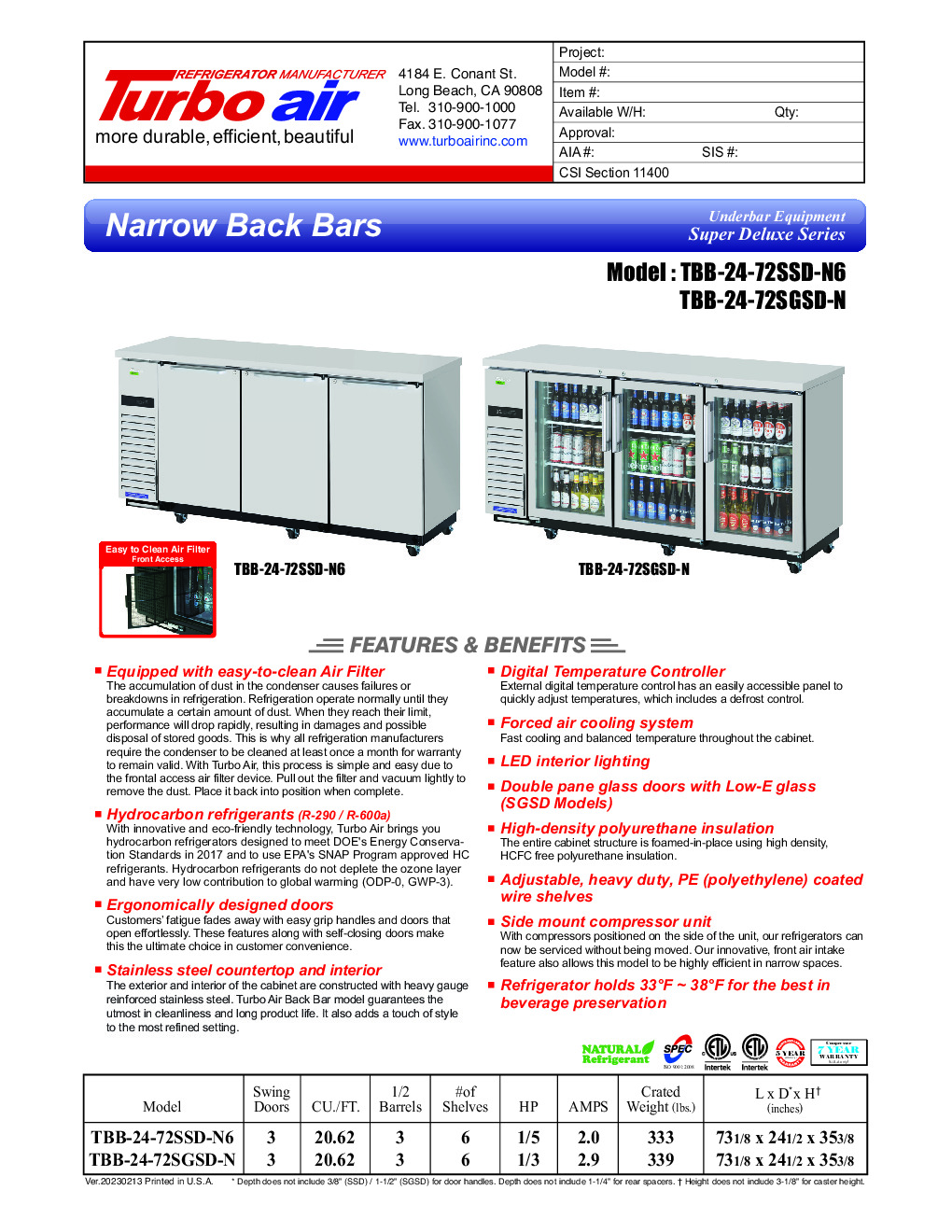 Turbo Air TBB-24-72SSD-N6 Refrigerated Back Bar Cabinet w/ 20.62 Cu Ft, 3 Solid Doors, Side Mount