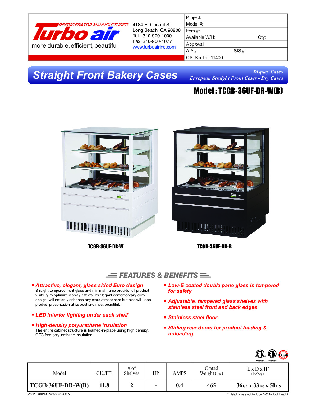 Turbo Air TCGB-36UF-DR-W(B) Non-Refrigerated Bakery Display Case