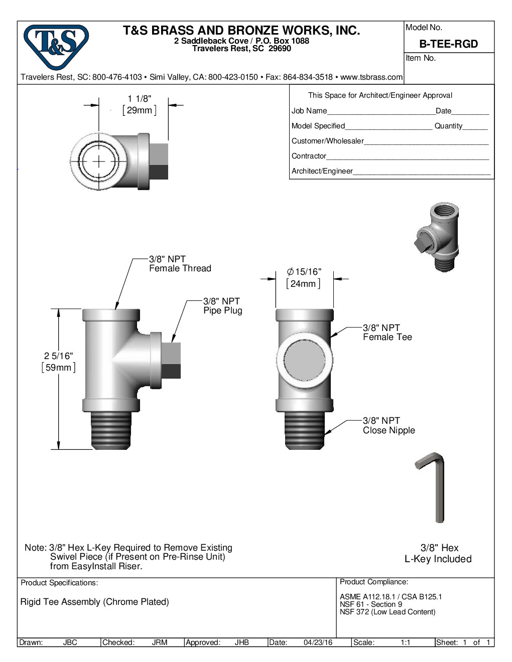 T&S Brass B-TEE-RGD Parts Faucet