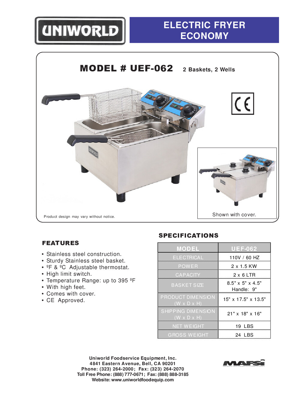Uniworld UEF-062 Split Pot Countertop Electric Fryer