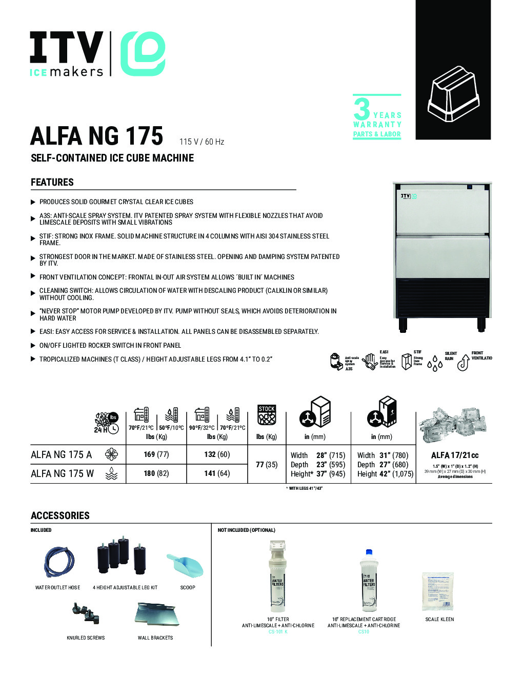 ITV ALFA NG 175 Ice Maker with Bin, 75 lbs, Dice Cubes, 170 lbs/Day