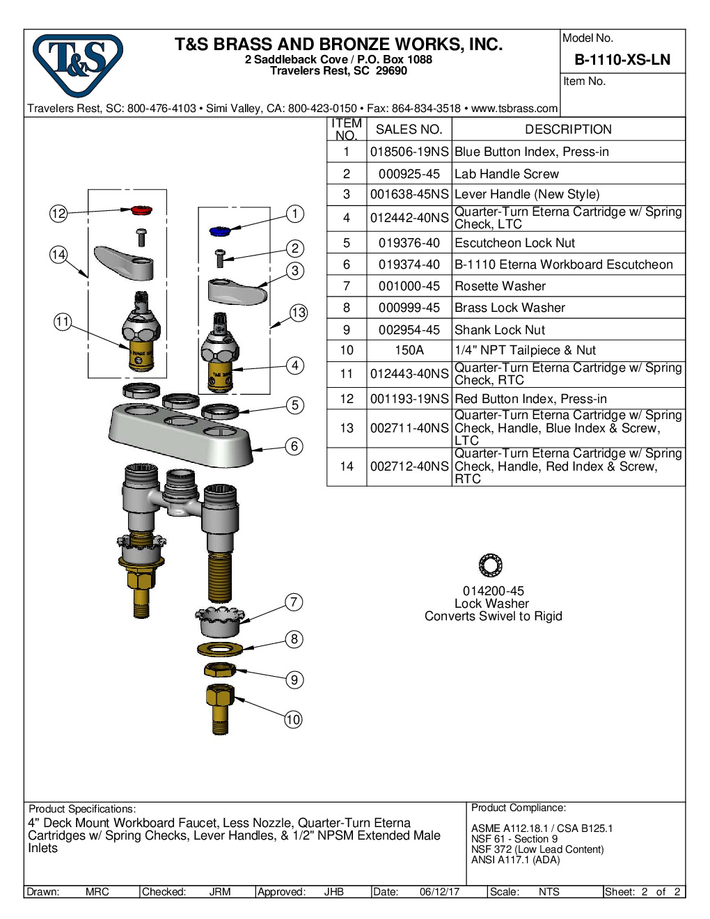 T&S Brass B-1110-XS-LN Deck Mount Faucet