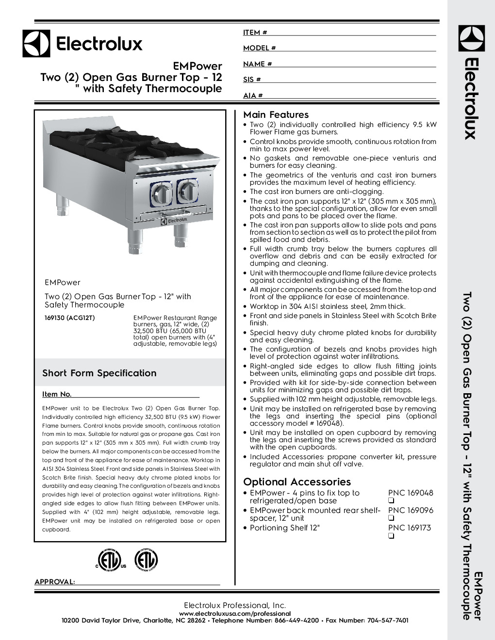 Electrolux 169130 Gas Countertop Hotplate