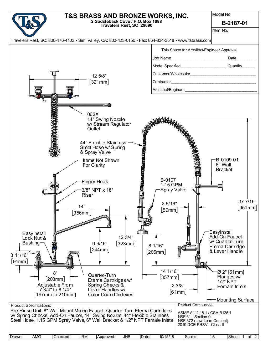 T&S Brass B-2187-01 with Add On Faucet Pre-Rinse Faucet Assembly