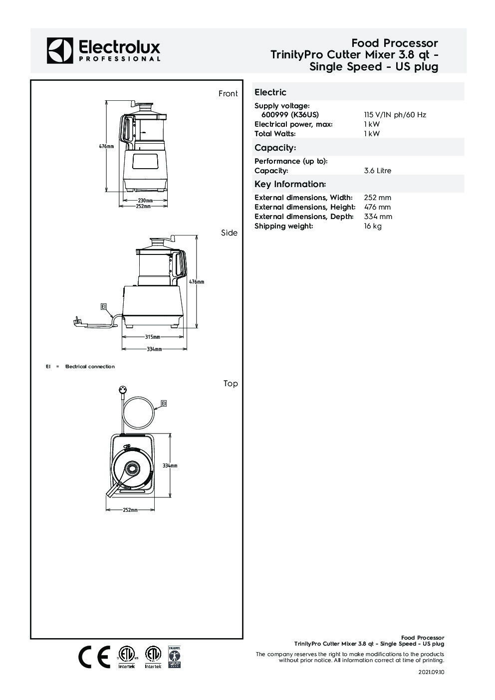Electrolux Professional 600999 Vertical Cutter VCM Mixer