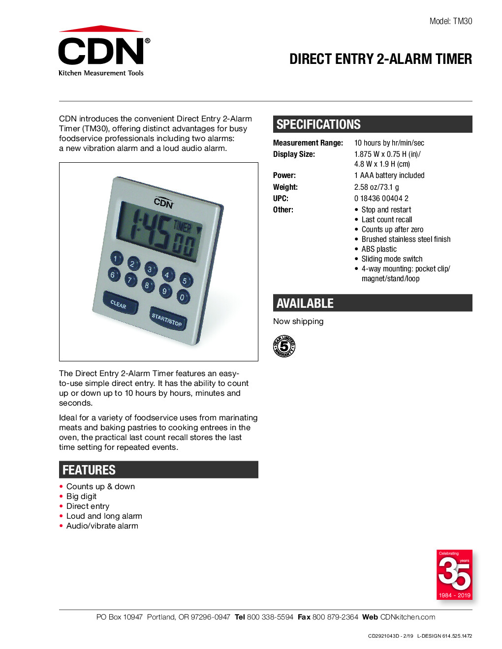 CDN TM30 Alarm Timer,Direct Entry,2-Alarm,Audio/Vibrate Alarm
