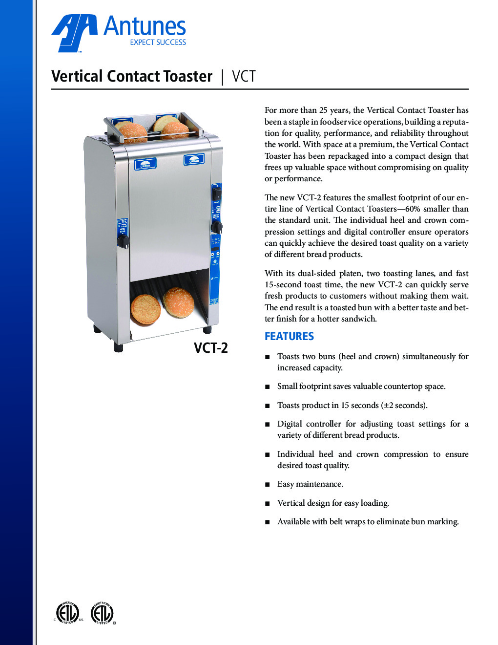 Antunes VCT-2-9210907 Countertop Conveyor Type Mini Vertical Contact Toaster