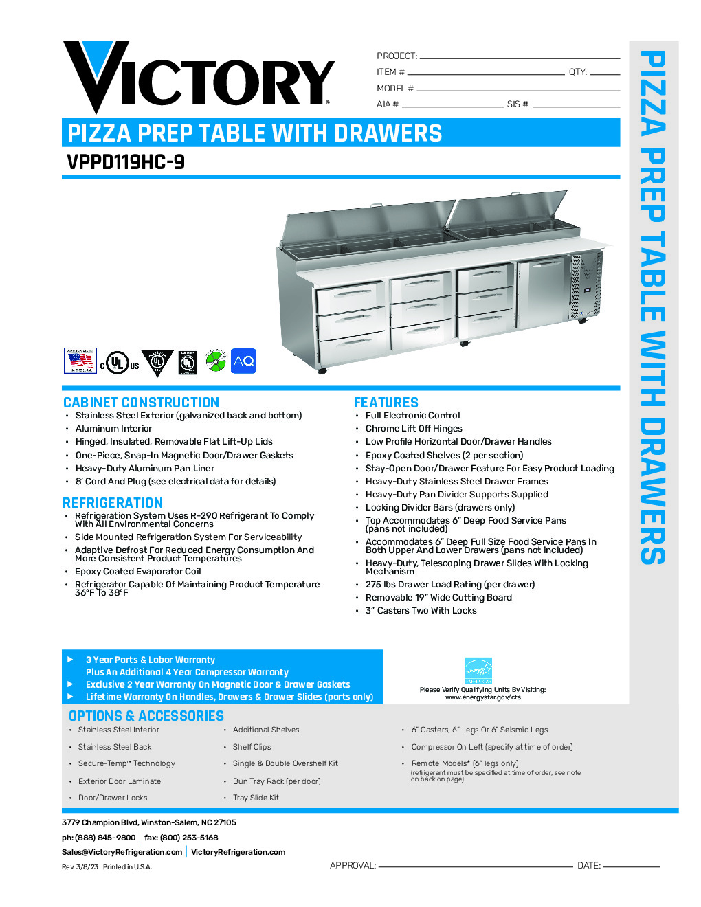 Victory VPPD119HC-9 Pizza Prep Table Refrigerated Counter