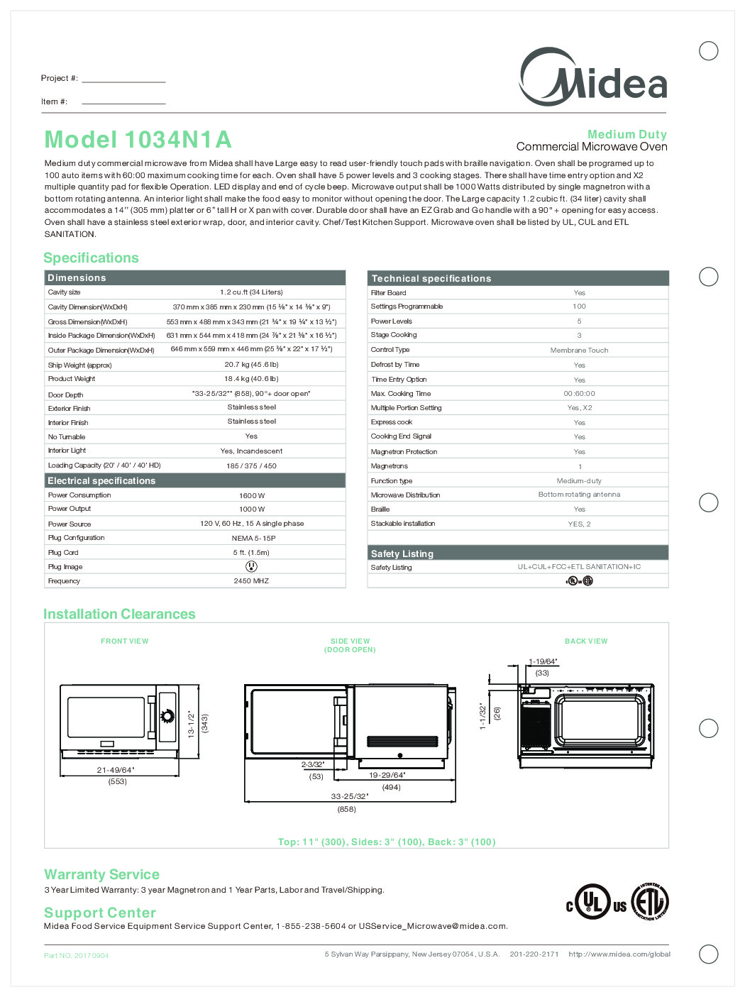 Midea 1034N1A 1000 Watts Medium Duty Commercial Microwave Oven, 1.2 cu. ft.