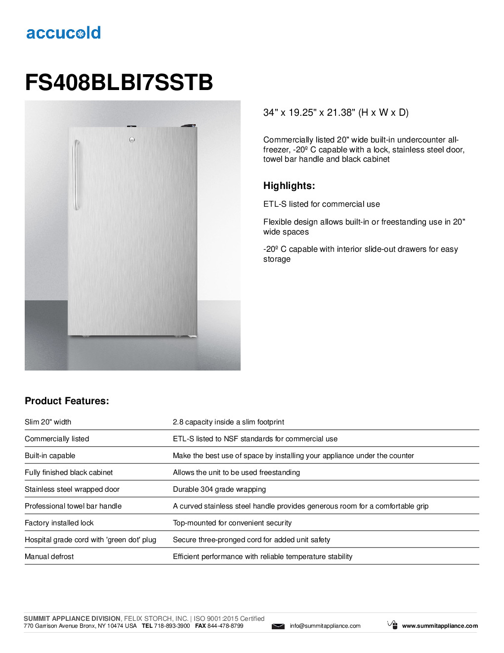 Summit FS408BLBI7SSTB Reach-In Undercounter Freezer Discontinued