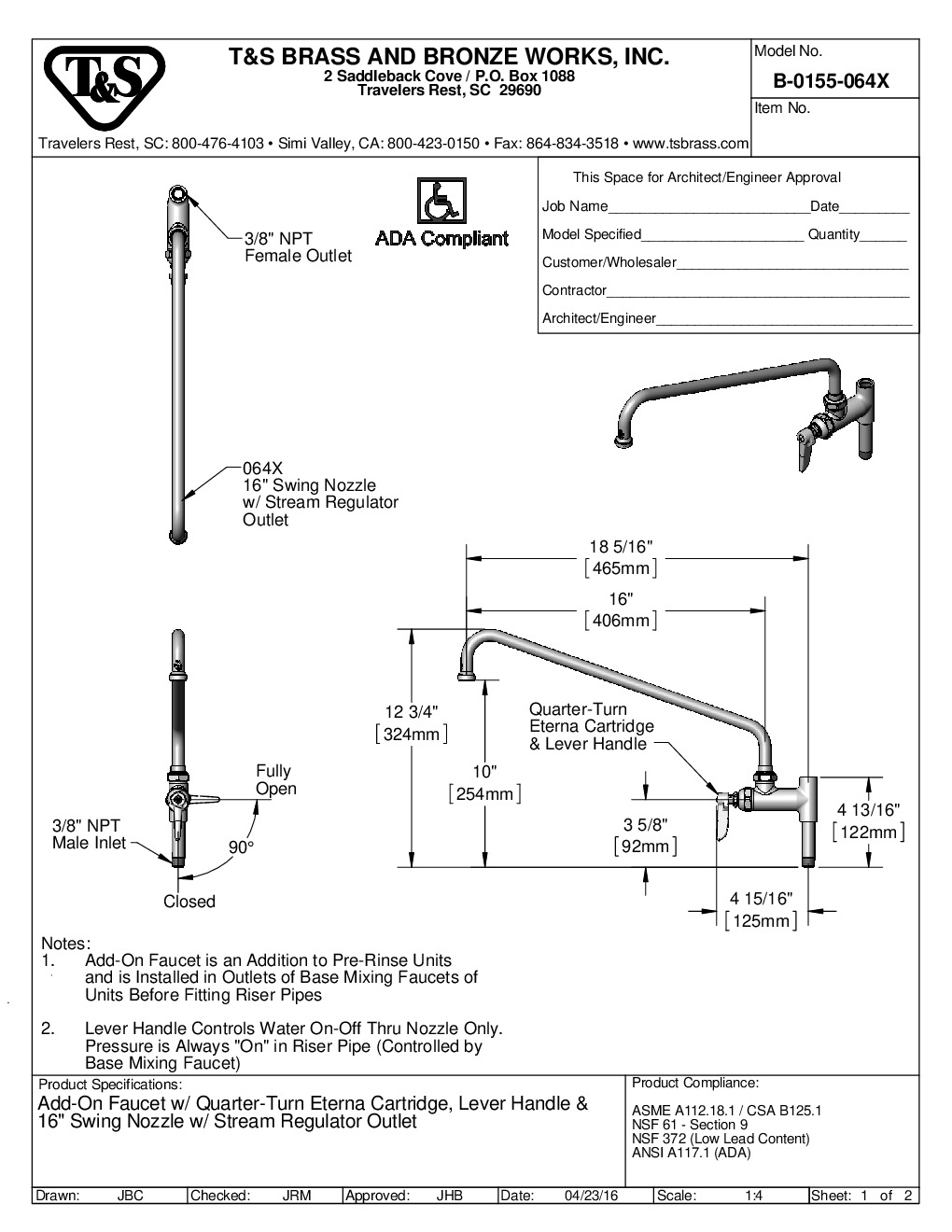 T&S Brass B-0155-064X Add On Faucet Pre-Rinse