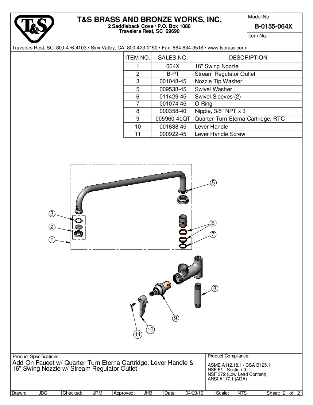 T&S Brass B-0155-064X Add On Faucet Pre-Rinse
