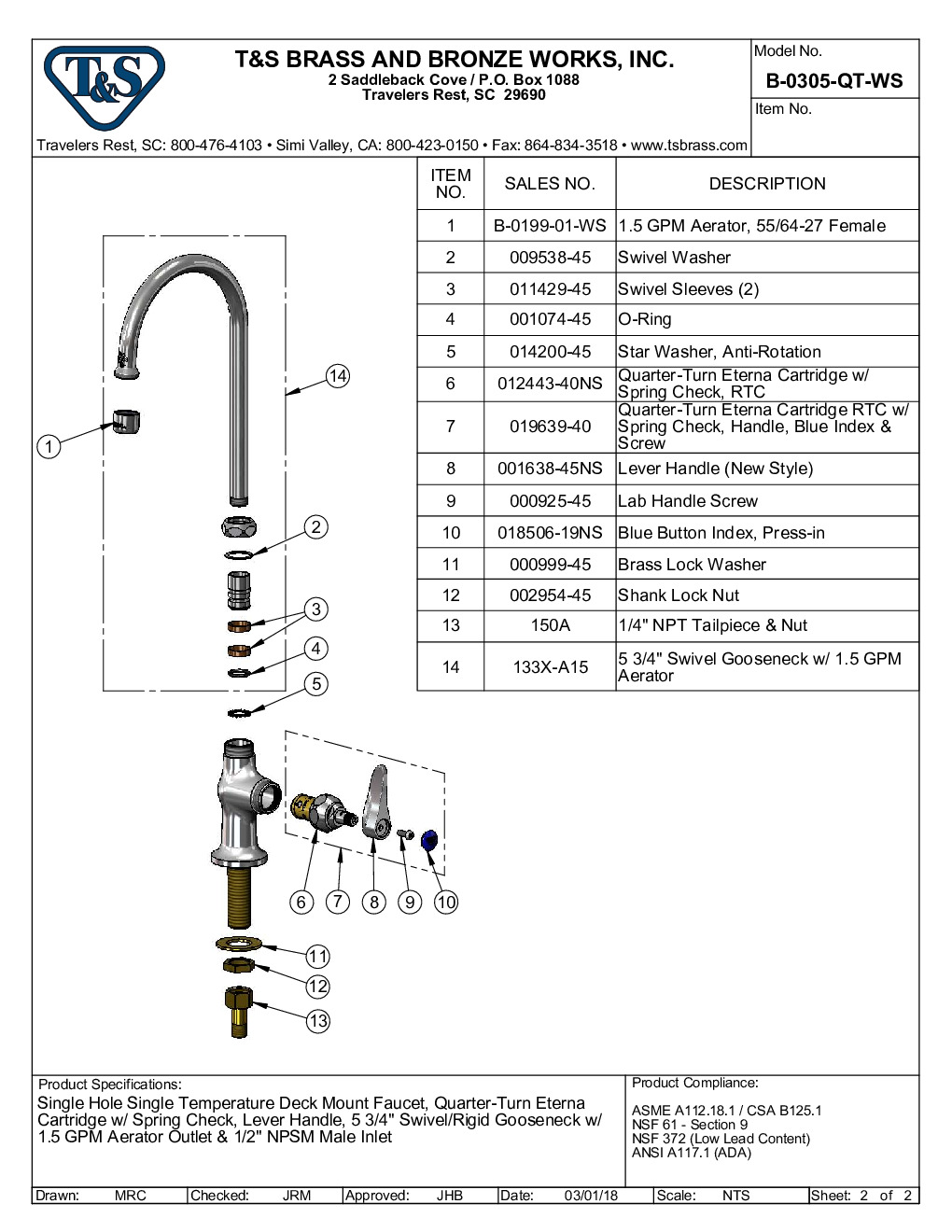 T&S Brass B-0305-QT-WS Pantry Faucet